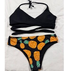 Womens Pineapple Print Wrap Halter Bikini Set Black Two Piece Swimsuit Medium
